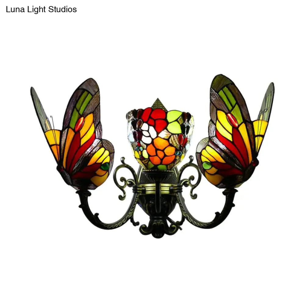 Tiffany Stained Glass Butterfly Wall Sconce With 3 Lights And Brass Finish For Porch Lighting