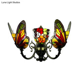 Tiffany Stained Glass Butterfly Wall Sconce With 3 Lights And Brass Finish For Porch Lighting
