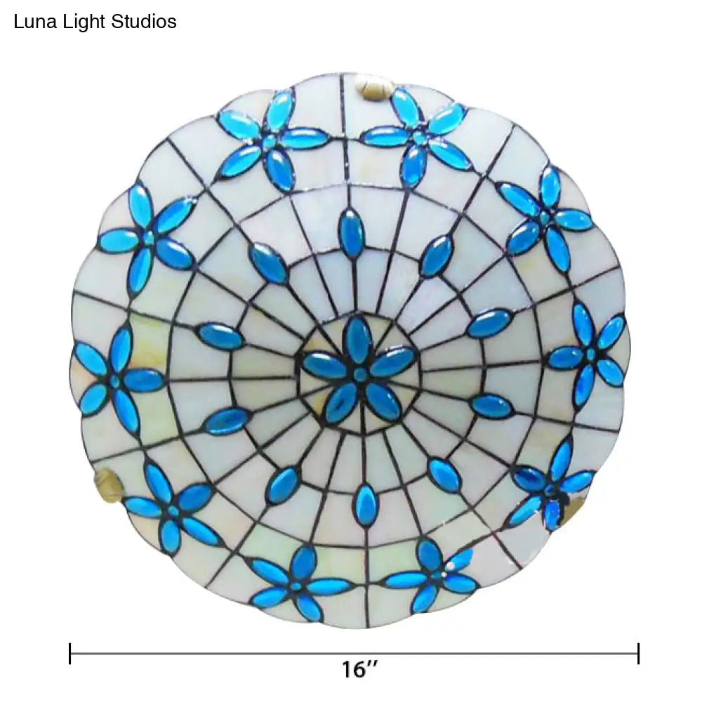 Tiffany Stained Glass Ceiling Light Blue - 3 - Lights Flushmount With Bowl Shade Jewel 5’H X 16’D