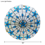 Tiffany Stained Glass Ceiling Light Blue - 3 - Lights Flushmount With Bowl Shade Jewel 5’H X 16’D