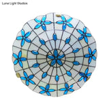 Tiffany Stained Glass Ceiling Light Blue - 3 - Lights Flushmount With Bowl Shade Jewel 5’H X 16’D