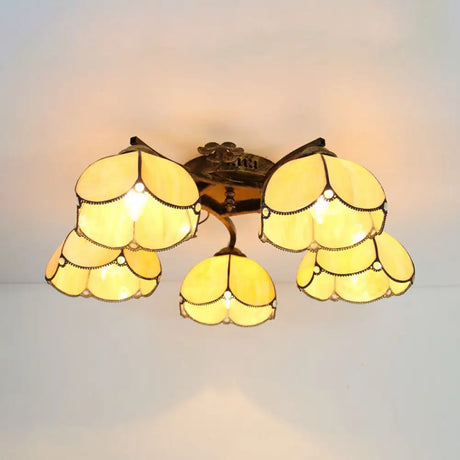 Tiffany Stained Glass Ceiling Light With 5 Scalloped Heads In Antique Bronze - Perfect For Bedroom