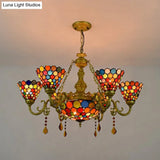 Tiffany Stained Glass Chandelier Light - 7-Light Cone Hanging Fixture With Colorful Circle Pattern
