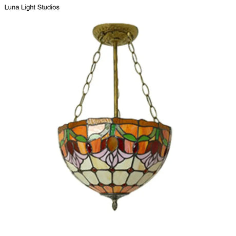 Tiffany Stained Glass Chandelier - Orange Bowl Pendant Light 12’/16’ Width Ideal For Foyer