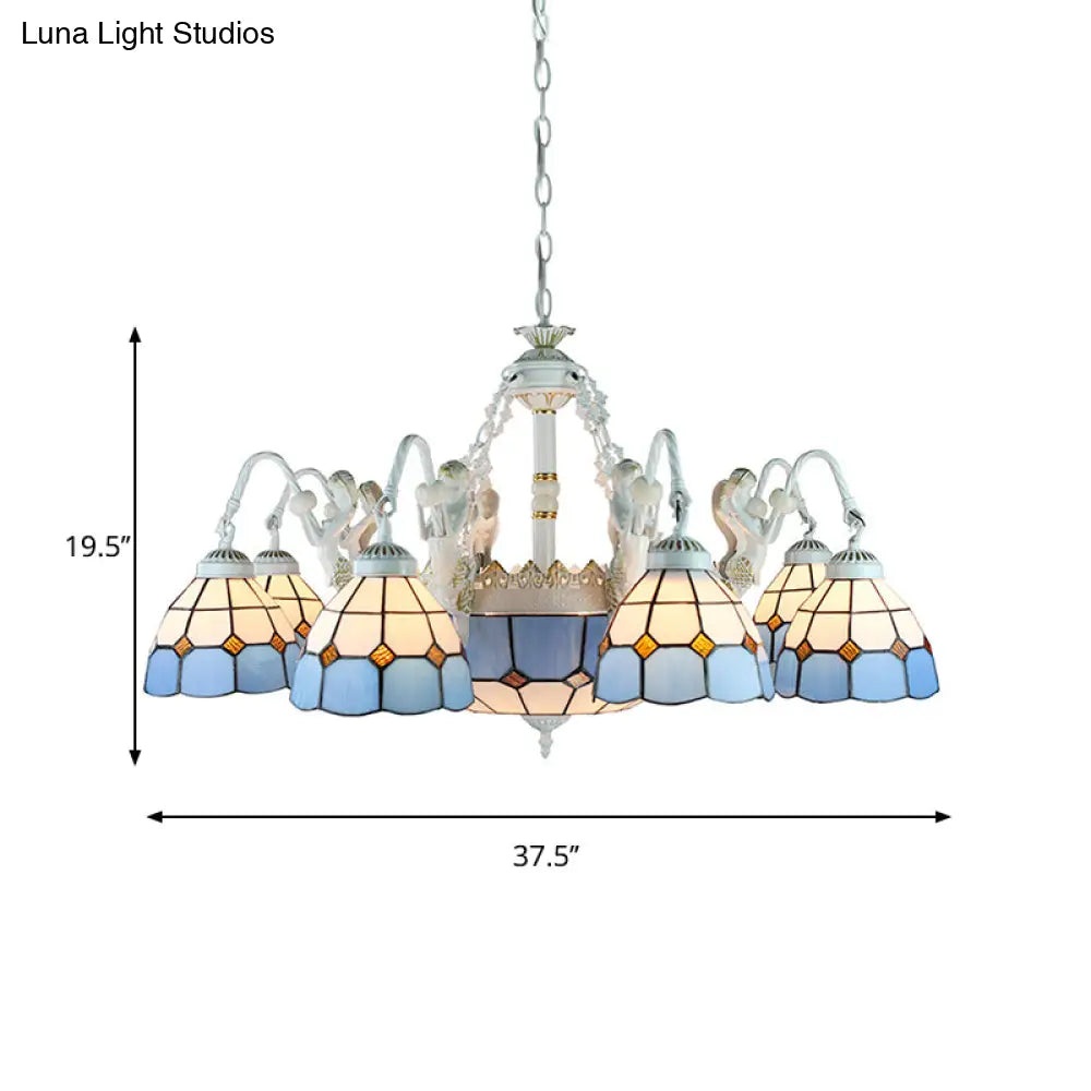 Tiffany Stained Glass Chandelier With Mediterranean Gem And Flower Design - 11-Light White Pendant