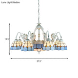 Tiffany Stained Glass Chandelier With Mediterranean Gem And Flower Design - 11-Light White Pendant