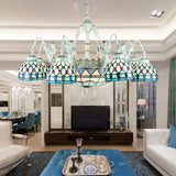 Tiffany Stained Glass Chandelier With Mediterranean Gem And Flower Design - 11-Light White Pendant