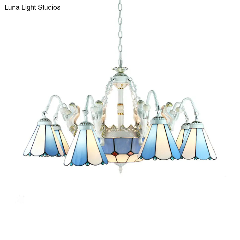 Tiffany Stained Glass Chandelier With Mediterranean Gem And Flower Design - 11-Light White Pendant