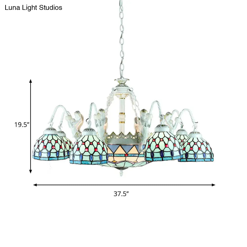 Tiffany Stained Glass Chandelier With Mediterranean Gem And Flower Design - 11-Light White Pendant