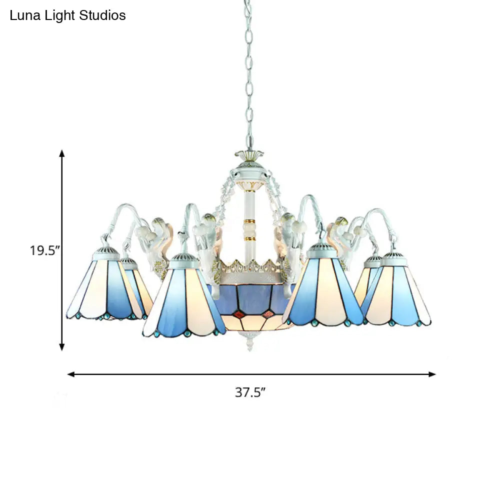 Tiffany Stained Glass Chandelier With Mediterranean Gem And Flower Design - 11-Light White Pendant