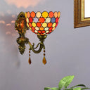 Tiffany Stained Glass Circle Wall Light Sconce With Brass Fixture And Drop Accents