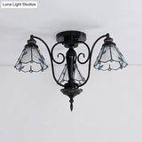 Tiffany Stained Glass Cone Semi Flush Light In Blue/Clear - Vintage Style 3 Heads