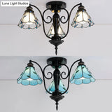 Tiffany Stained Glass Cone Semi Flush Light In Blue/Clear - Vintage Style 3 Heads