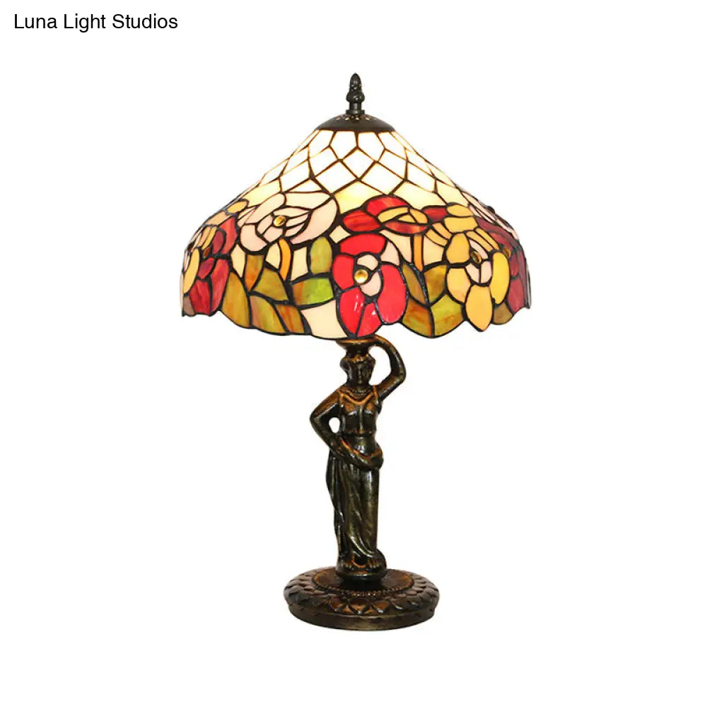 Tiffany Stained Glass Desk Lamp With Bird/Grape/Flower Pattern And Working Women Base - Ideal For