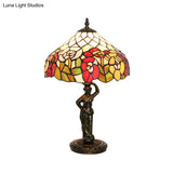 Tiffany Stained Glass Desk Lamp With Bird/Grape/Flower Pattern And Working Women Base - Ideal For