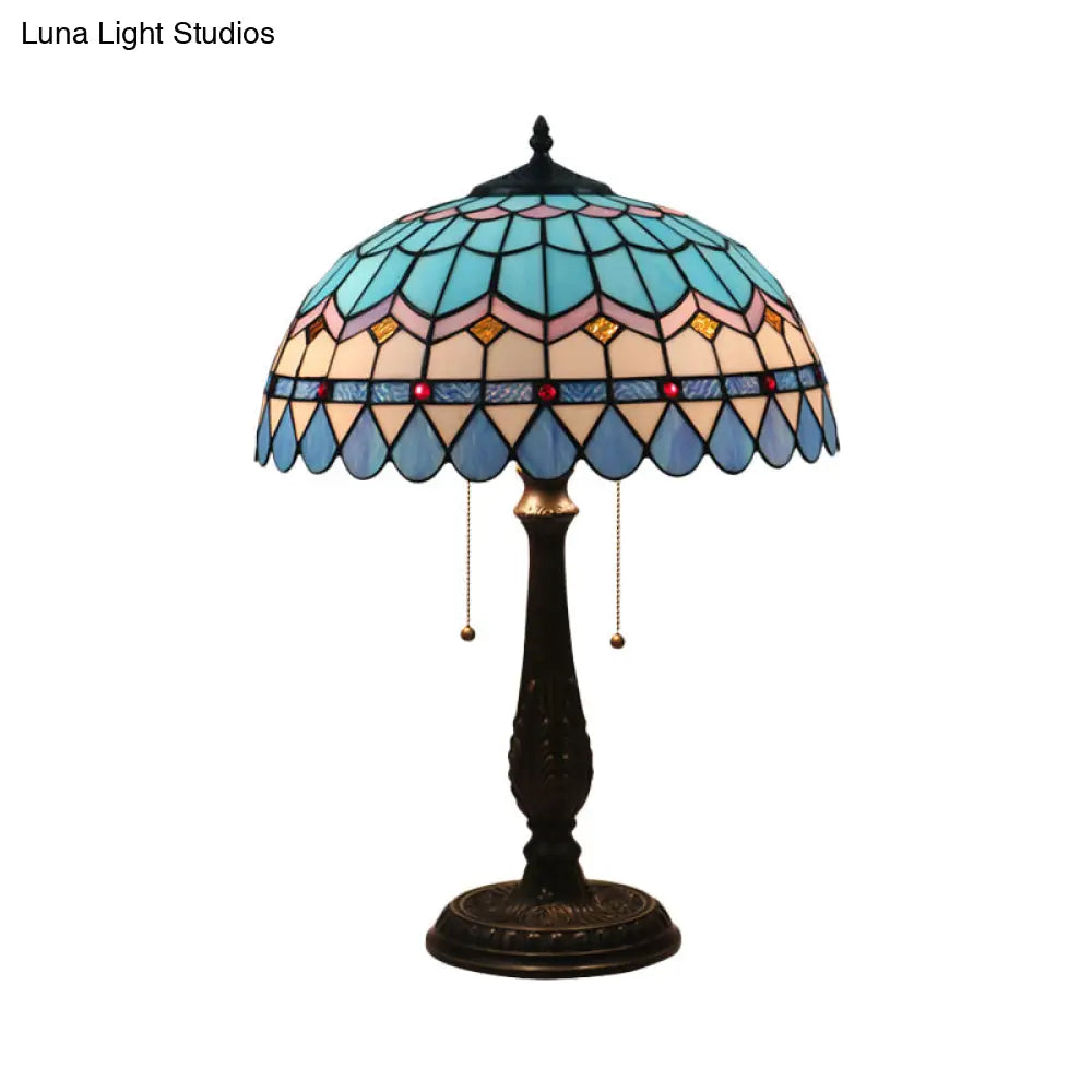 Tiffany Stained Glass Dome Pull Chain Nightstand Lamp - Bronze Finish