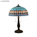 Tiffany Stained Glass Dome Pull Chain Nightstand Lamp - Bronze Finish