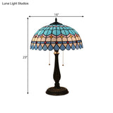 Tiffany Stained Glass Dome Pull Chain Nightstand Lamp - Bronze Finish