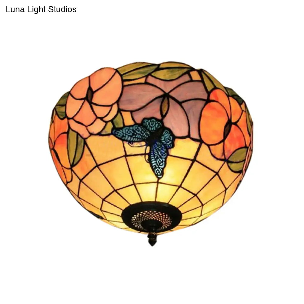 Tiffany Stained Glass Flush Mount Lighting With Flower And Butterfly Pattern In White - Bowl Shade