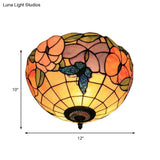 Tiffany Stained Glass Flush Mount Lighting With Flower And Butterfly Pattern In White - Bowl Shade