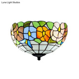 Tiffany Stained Glass Flush Mount Lighting With Flower And Butterfly Pattern In White - Bowl Shade