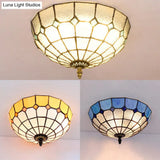 Tiffany Stained Glass Flushmount Light With 2 Beige Clear And Blue Lights For Your Bathroom