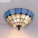 Tiffany Stained Glass Flushmount Light With 2 Beige Clear And Blue Lights For Your Bathroom