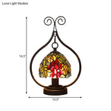 Tiffany Stained Glass Grape Pattern Night Lamp - 1-Light Table Lighting With Bronze Swirl Frame