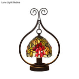 Tiffany Stained Glass Grape Pattern Night Lamp - 1-Light Table Lighting With Bronze Swirl Frame
