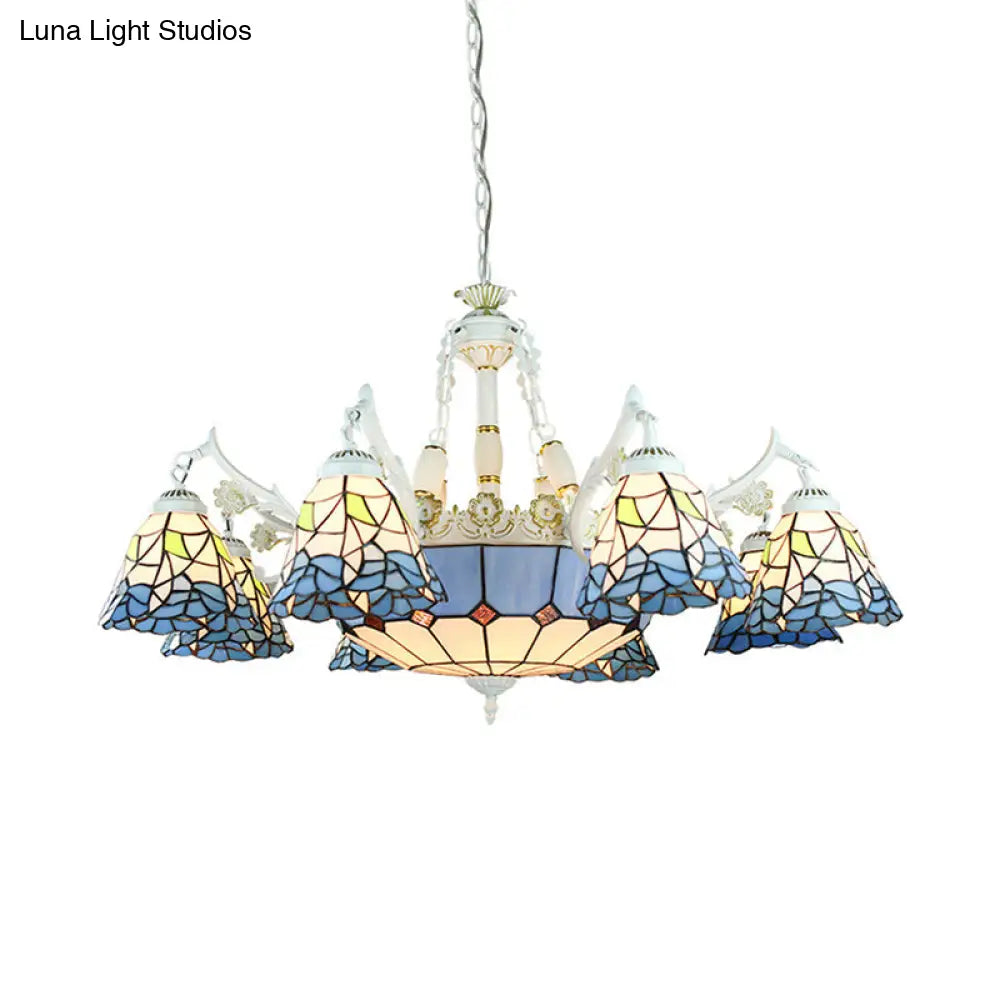 Tiffany Stained Glass Hanging Chandelier - 11 Light Pendant Ceiling With Flower/Square/Diamond/Gem