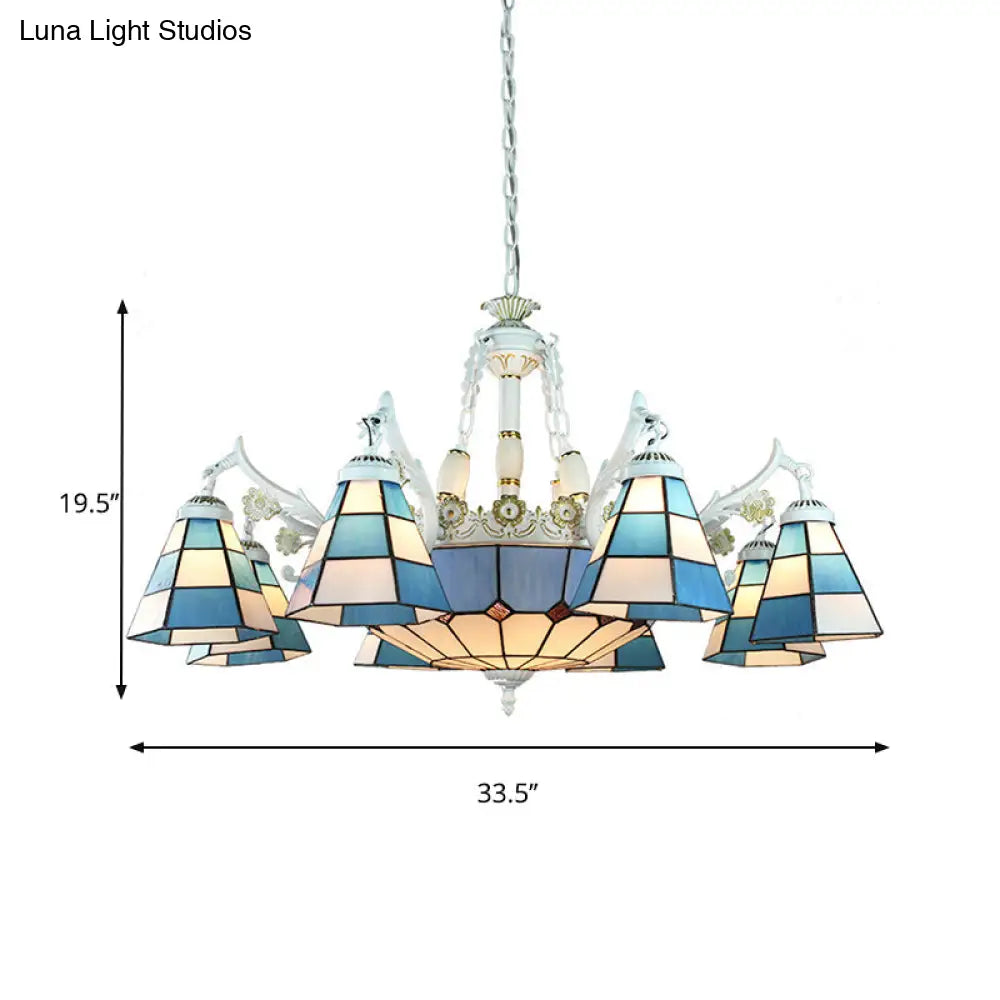 Tiffany Stained Glass Hanging Chandelier - 11 Light Pendant Ceiling With Flower/Square/Diamond/Gem