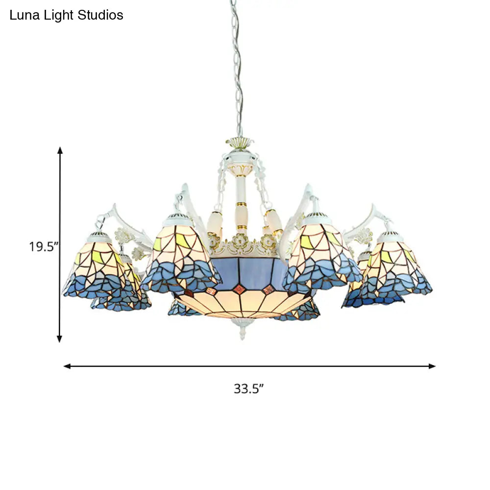 Tiffany Stained Glass Hanging Chandelier - 11 Light Pendant Ceiling With Flower/Square/Diamond/Gem