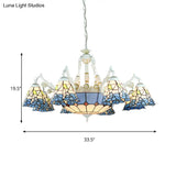 Tiffany Stained Glass Hanging Chandelier - 11 Light Pendant Ceiling With Flower/Square/Diamond/Gem