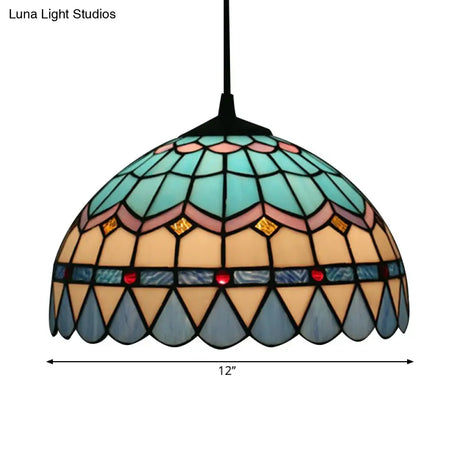 Tiffany Stained Glass Pendant Light - Lattice Bowl Design 1-Light Blue Suspension Lamp For Dining