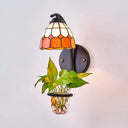 Tiffany Stained Glass Sconce Light: Grid Patterned Wall Mount With Plant Decoration -