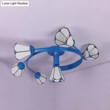 Tiffany Stained Glass Semi-Flush Light With White/Blue Motif - Ideal For Bedroom Ambiance