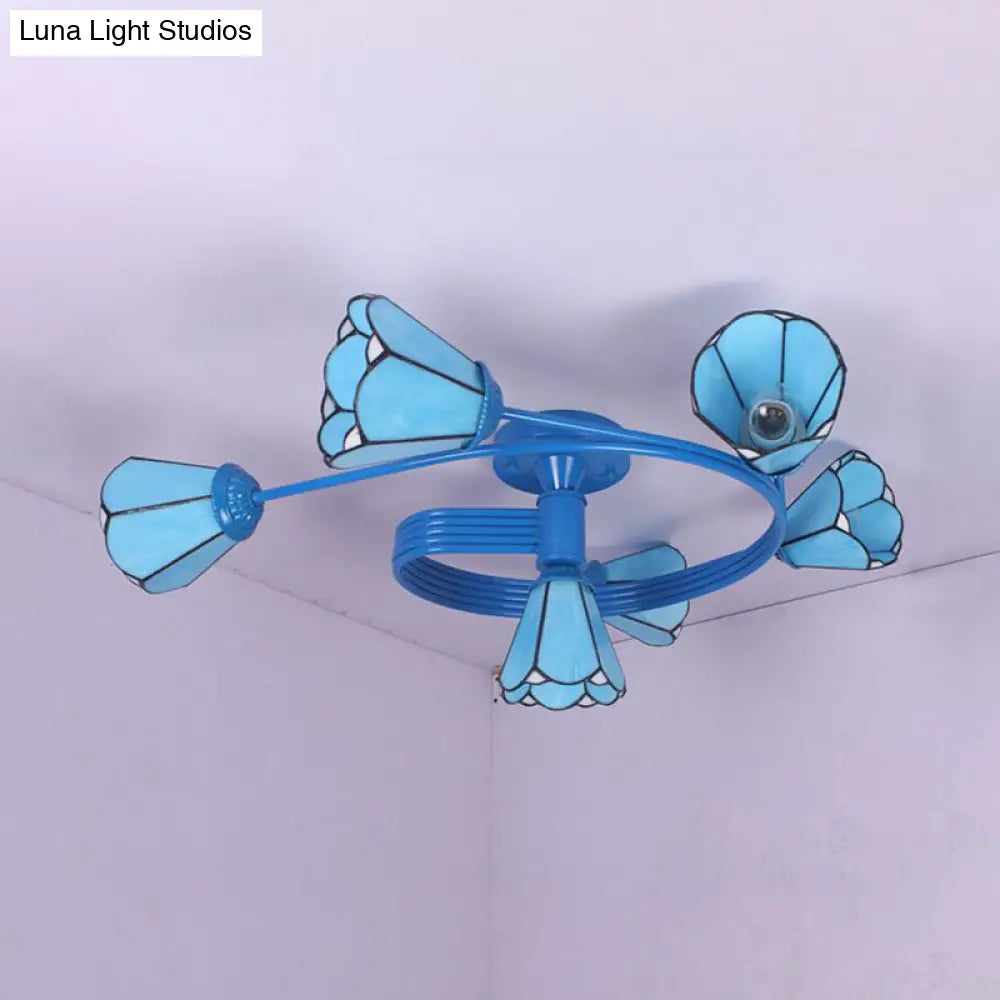 Tiffany Stained Glass Semi-Flush Light With White/Blue Motif - Ideal For Bedroom Ambiance