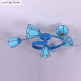 Tiffany Stained Glass Semi-Flush Light With White/Blue Motif - Ideal For Bedroom Ambiance