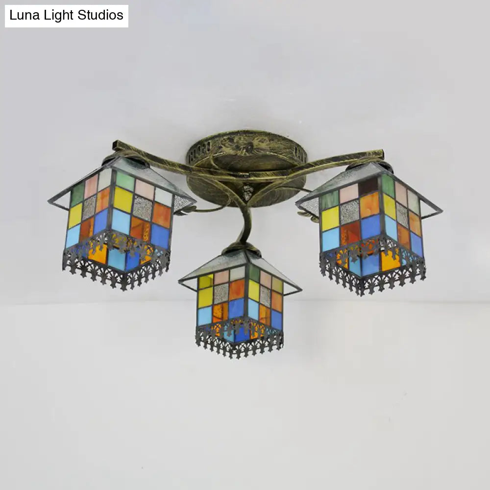 Tiffany Stained Glass Small House Ceiling Light - Blue/Clear 3-Lights Flush Mount For Bedroom