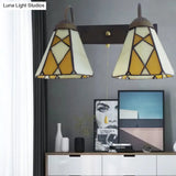Tiffany Stained Glass Wall Sconce With Pull Chain - Blue/Orange Conical Fixture (2 Heads)