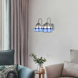 Tiffany Style 2-Head Bowl Wall Lamp With Curved Arm In Blue/Orange Perfect For Bathroom Vanity