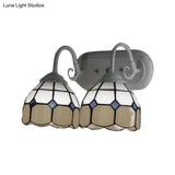 Tiffany Style 2-Head Bowl Wall Lamp With Curved Arm In Blue/Orange Perfect For Bathroom Vanity