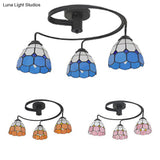 Tiffany Style 3-Light Bowl Semi Flushmount With Stained Glass In Orange/Pink/Blue - Perfect For