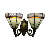 Tiffany Style Art Glass Pyramid Wall Sconce With 2 Bulbs In Beige/Blue For Study Room Beige