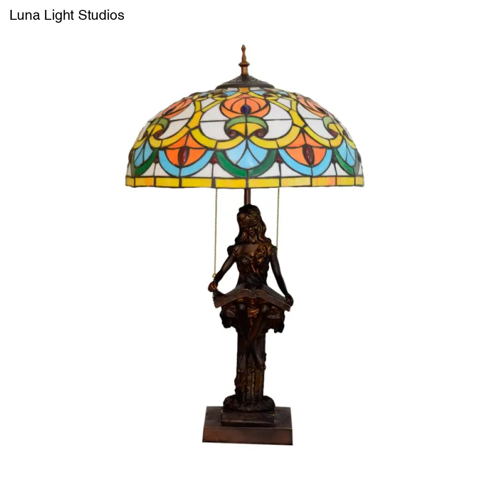 Tiffany Style Bedside Nightstand Lamp With Pull Chain And Stained Glass Shade - Orange/Yellow
