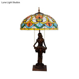 Tiffany Style Bedside Nightstand Lamp With Pull Chain And Stained Glass Shade - Orange/Yellow