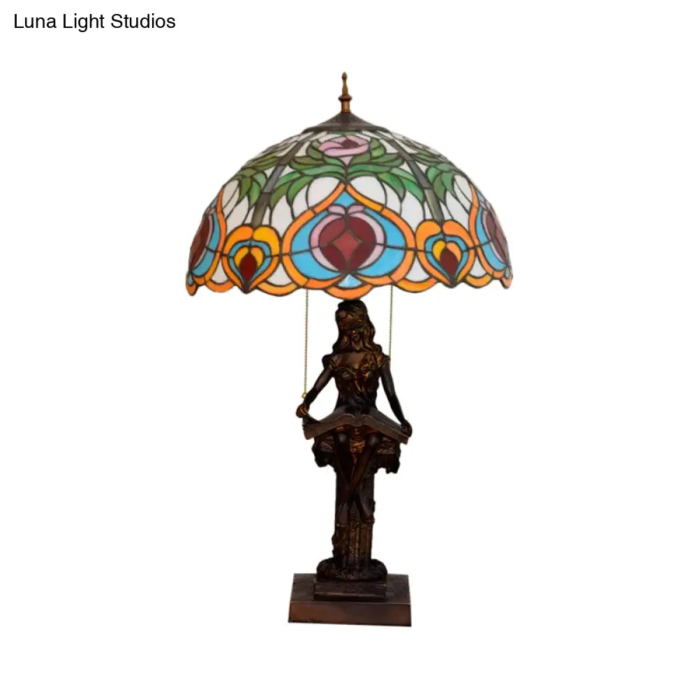 Tiffany Style Bedside Nightstand Lamp With Pull Chain And Stained Glass Shade - Orange/Yellow