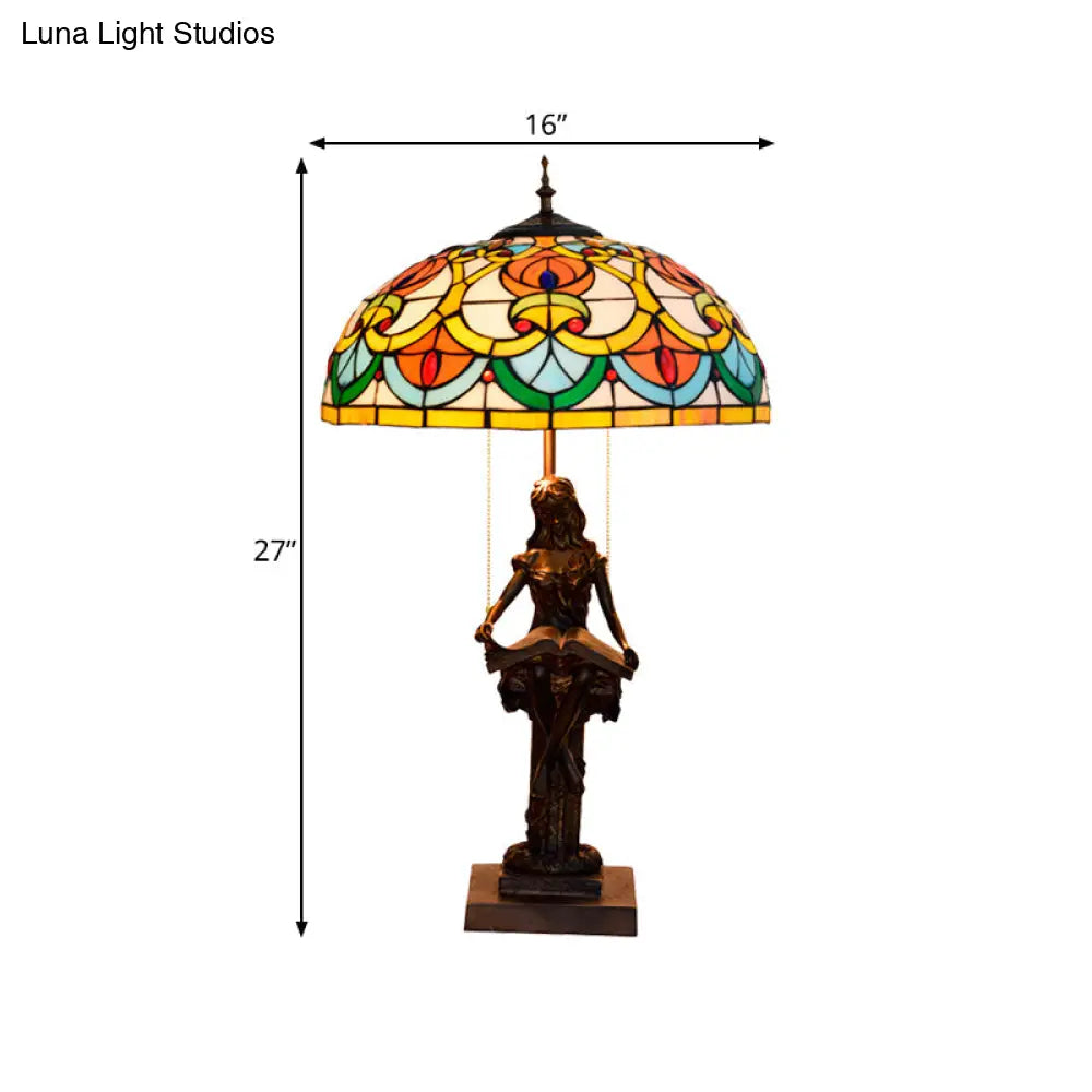 Tiffany Style Bedside Nightstand Lamp With Pull Chain And Stained Glass Shade - Orange/Yellow