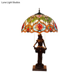 Tiffany Style Bedside Nightstand Lamp With Pull Chain And Stained Glass Shade - Orange/Yellow