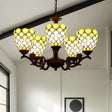 Tiffany Style Beige Glass Chandelier 5-Light Fixture With Black Suspension